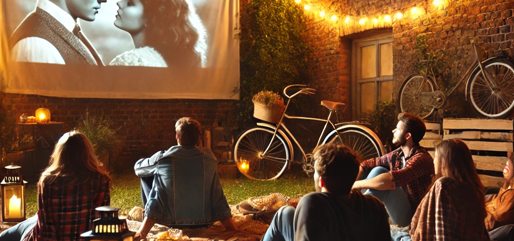 DALL·E 2024 09 02 08.57.39 A cozy outdoor movie night scene set in a rustic backyard. A group of friends casually dressed in autumn attire are seated on blankets and pillows s 1024x480 - Beamer für Draußen