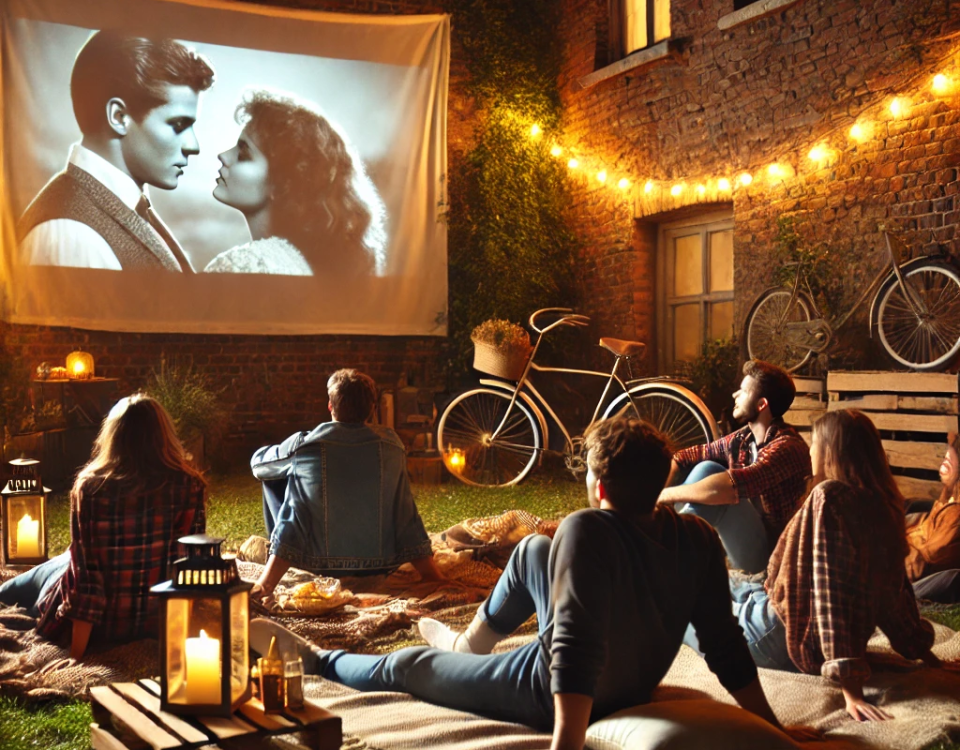 DALL·E 2024 09 02 08.57.39 A cozy outdoor movie night scene set in a rustic backyard. A group of friends casually dressed in autumn attire are seated on blankets and pillows s 960x750 - Beamer für Draußen